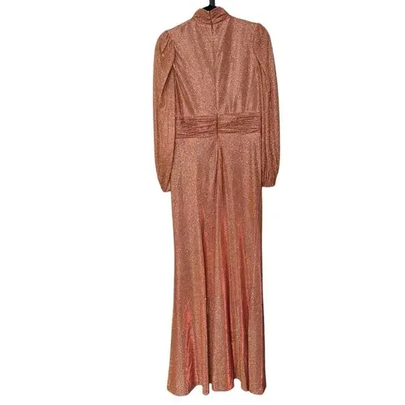 NWT IEENA for MAC DUGGAL 11248 Rust Draped Glitter High Neck Puff Sleeve Gown
